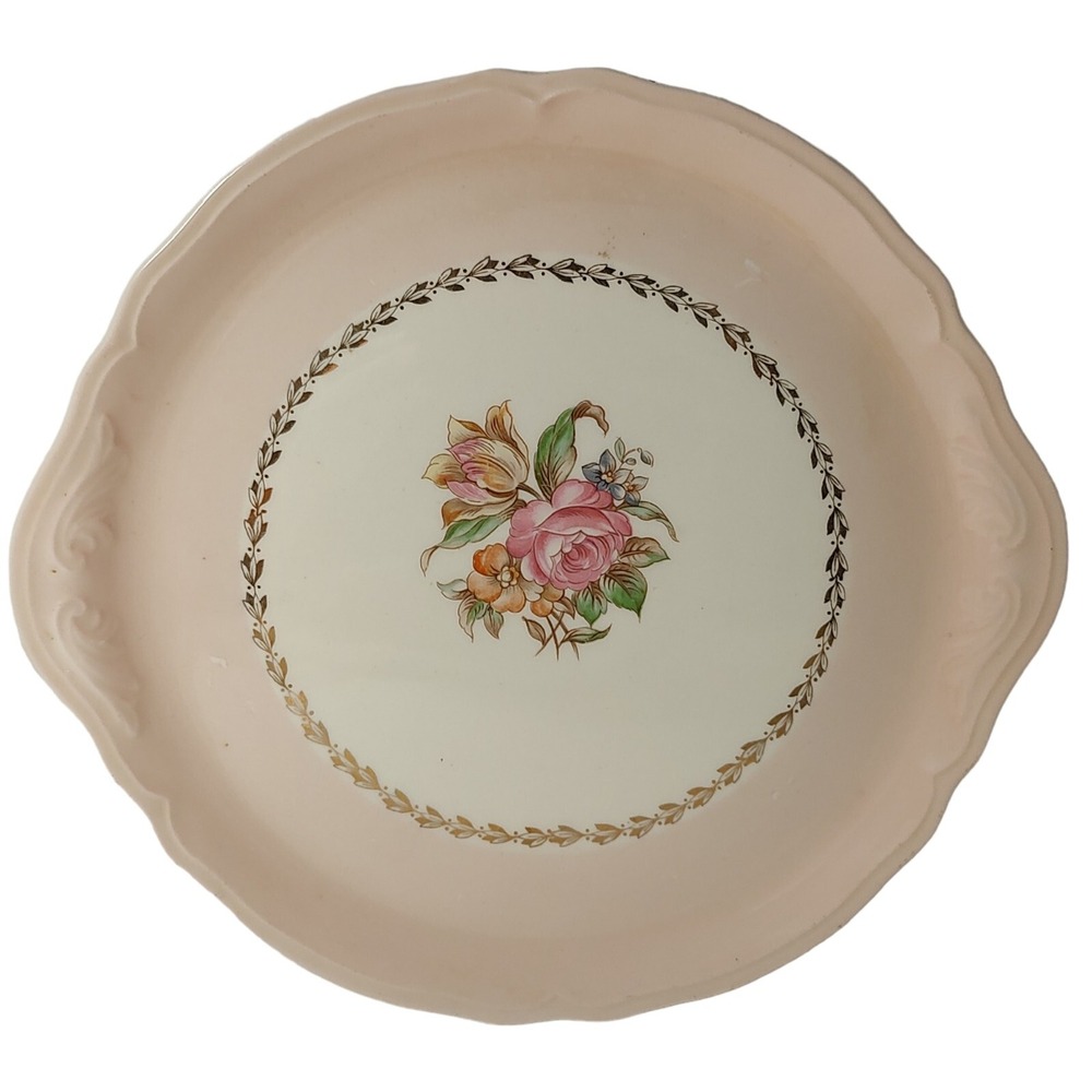 Vintage Edwin Knowles Cake Plate China Company Semi Vitreous 42 9 Pink Handles